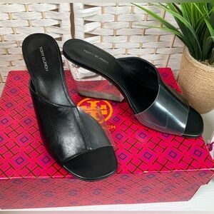 Tory Burch Asymmetrical Heeled Mule  Sandal 80MM Perfect Black- 7